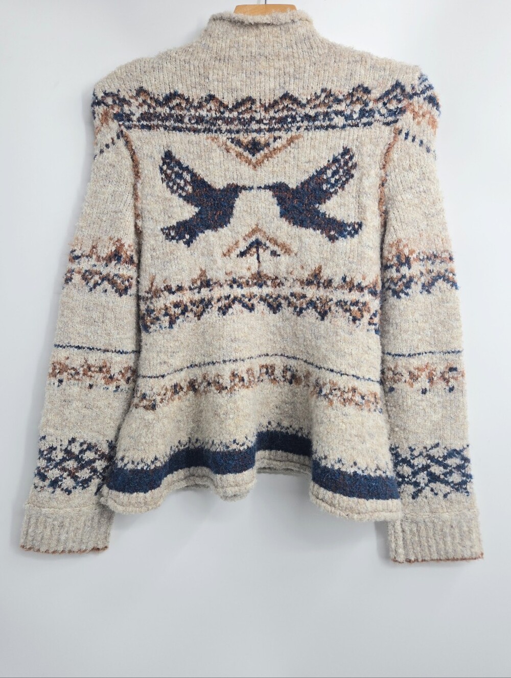Pilcro Sweater Bird Mock Neck Beige With Navy Trim - Picture 9 of 16